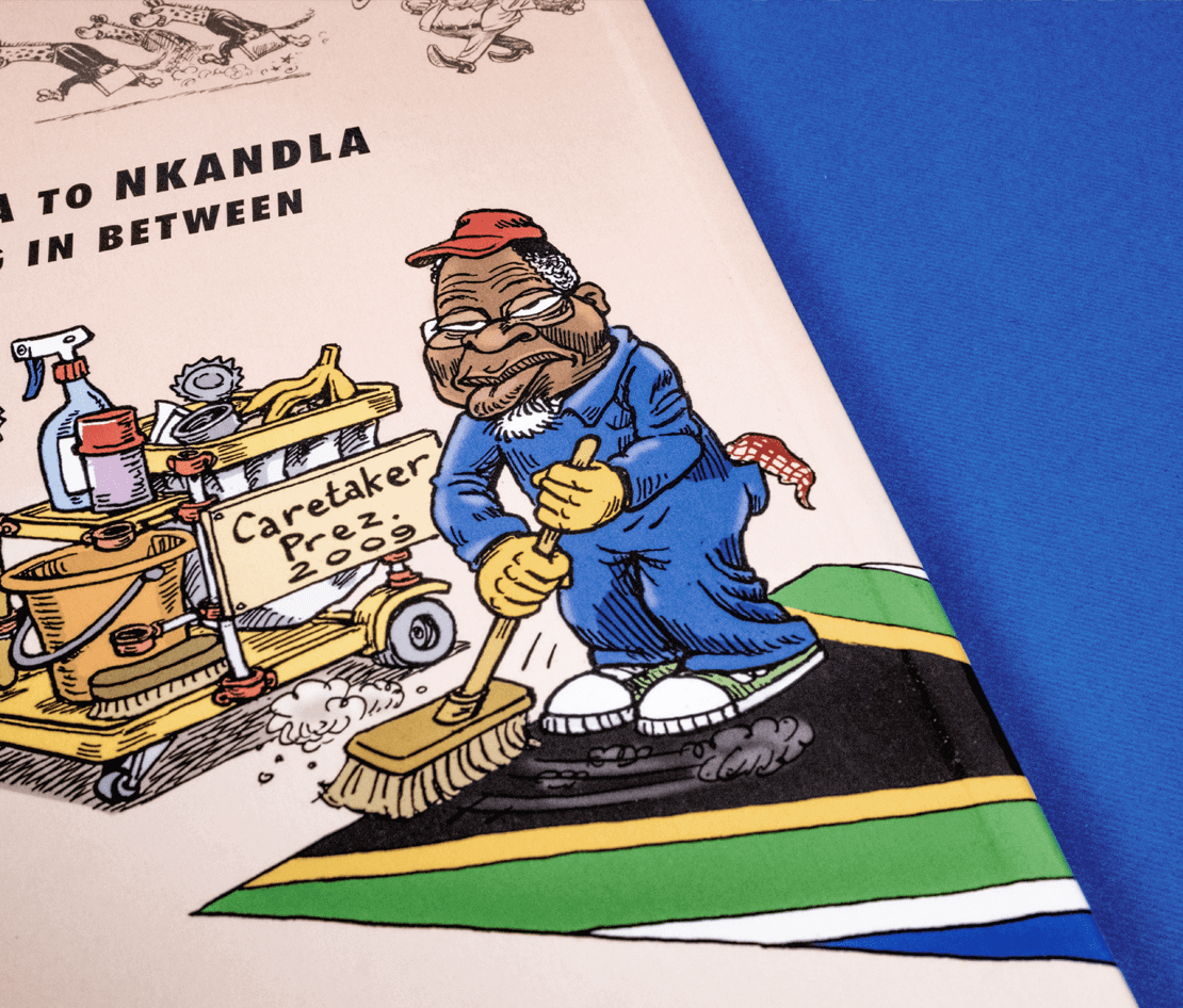 Cropped photograph of back cover of Democrazy by Roberto Millan & millantv. A Zapiro annual cartoon anthology.