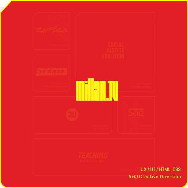 millan.tv website home page portfolio menu tile in yellow.